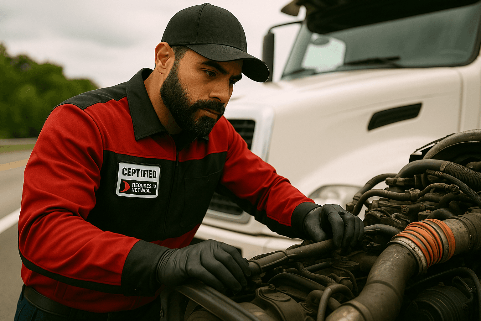 Technician inspecting motorhome engine components on-site