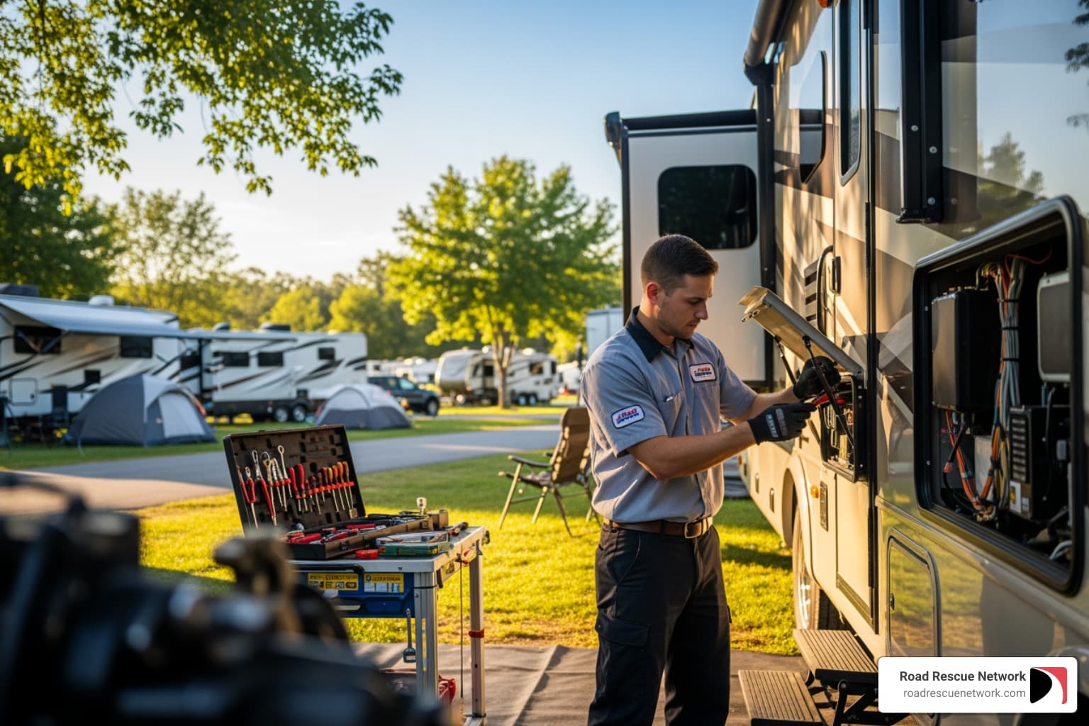 Mobile RV technician performing on-site motorhome repairs