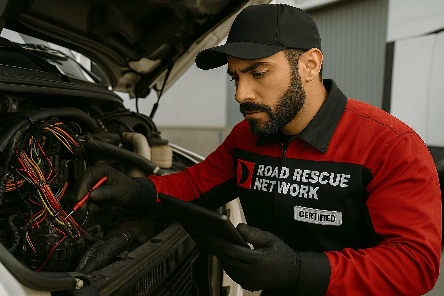 RV technician running diagnostics on a tablet at a campsite